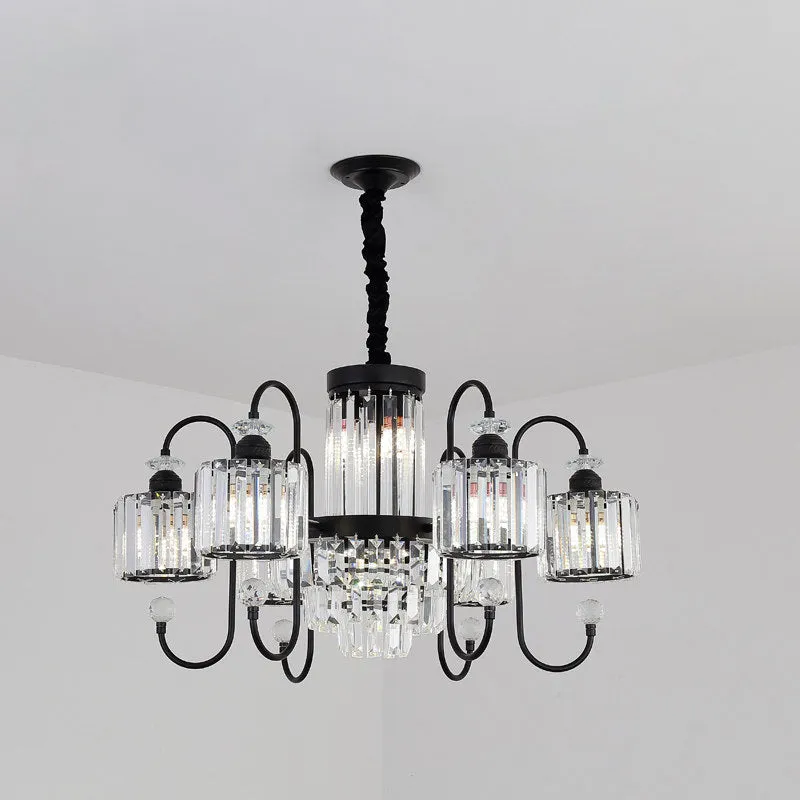 Modern Black Crystal Chandelier - 5/8 Cylindrical Heads with Gooseneck Arm