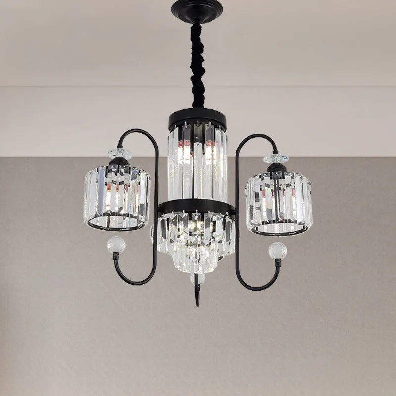 Modern Black Crystal Chandelier - 5/8 Cylindrical Heads with Gooseneck Arm