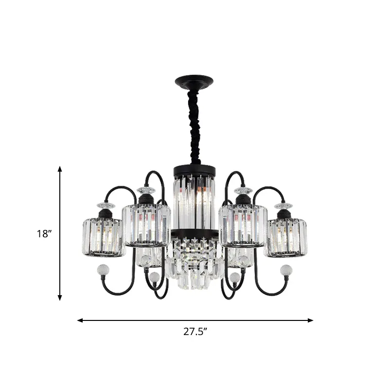 Modern Black Crystal Chandelier - 5/8 Cylindrical Heads with Gooseneck Arm