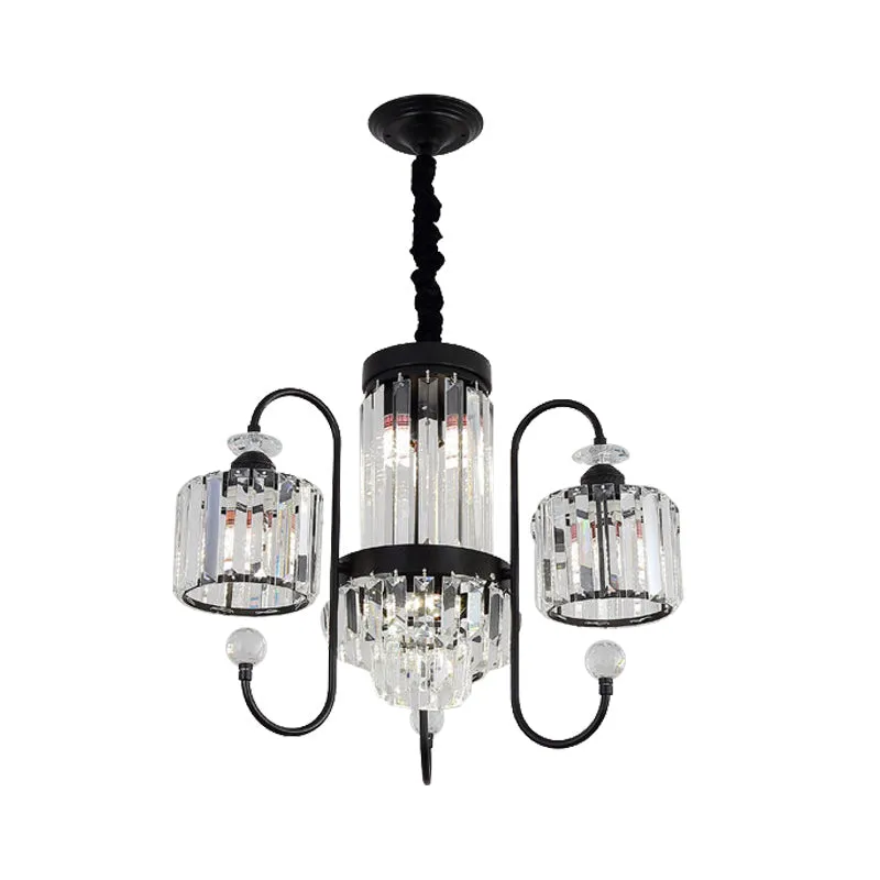 Modern Black Crystal Chandelier - 5/8 Cylindrical Heads with Gooseneck Arm