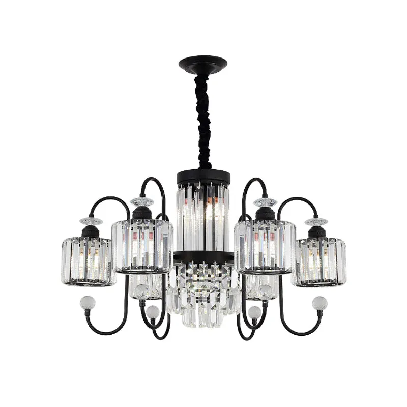Modern Black Crystal Chandelier - 5/8 Cylindrical Heads with Gooseneck Arm