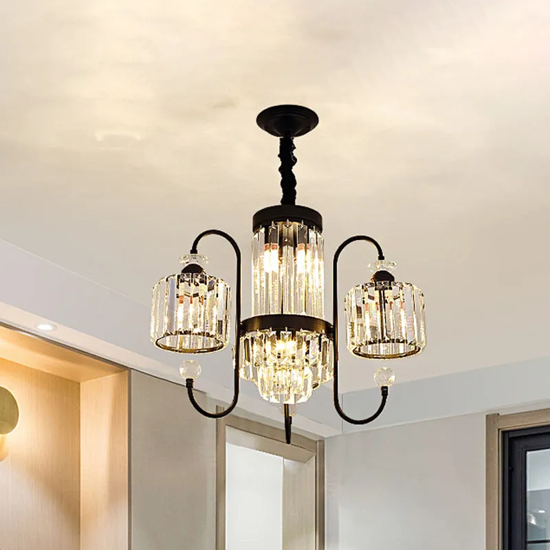 Modern Black Crystal Chandelier - 5/8 Cylindrical Heads with Gooseneck Arm