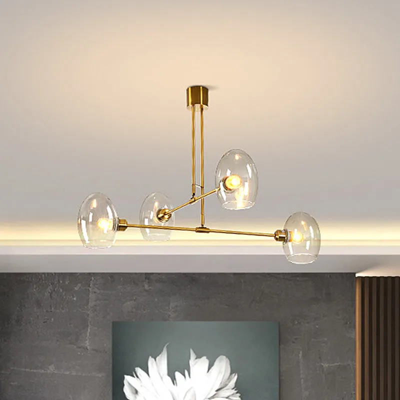 Modern Clear Glass Pendant Chandelier with Brass Accents - 4 Lights - Bedroom Ceiling Lamp