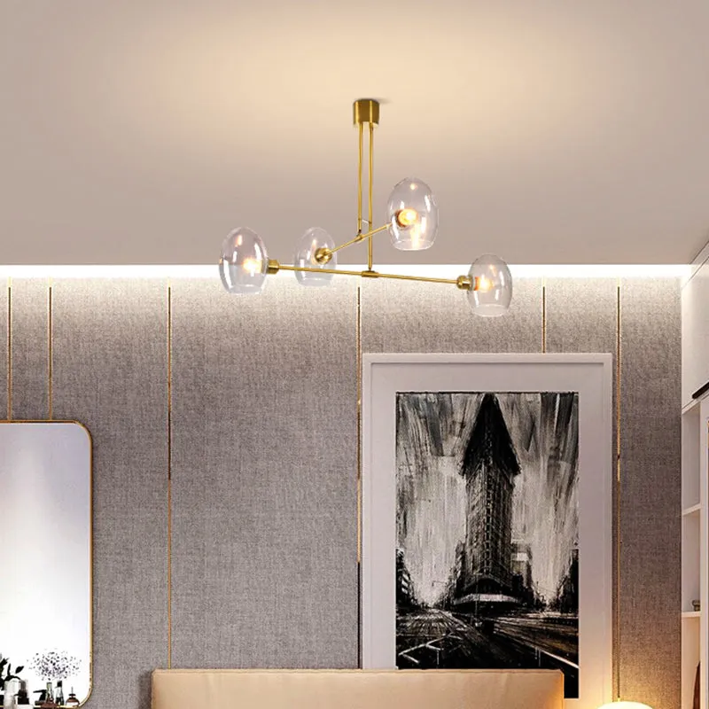 Modern Clear Glass Pendant Chandelier with Brass Accents - 4 Lights - Bedroom Ceiling Lamp
