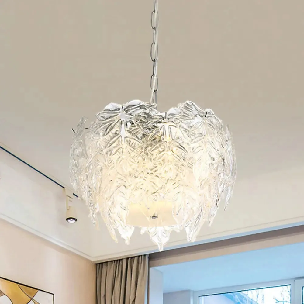 Modern Clear Textured Glass Leaf Pendant Chandelier - 10 Head Bedroom Suspension Lighting