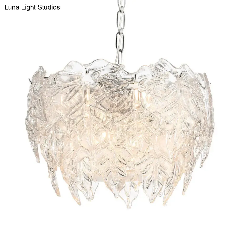 Modern Clear Textured Glass Leaf Pendant Chandelier - 10 Head Bedroom Suspension Lighting