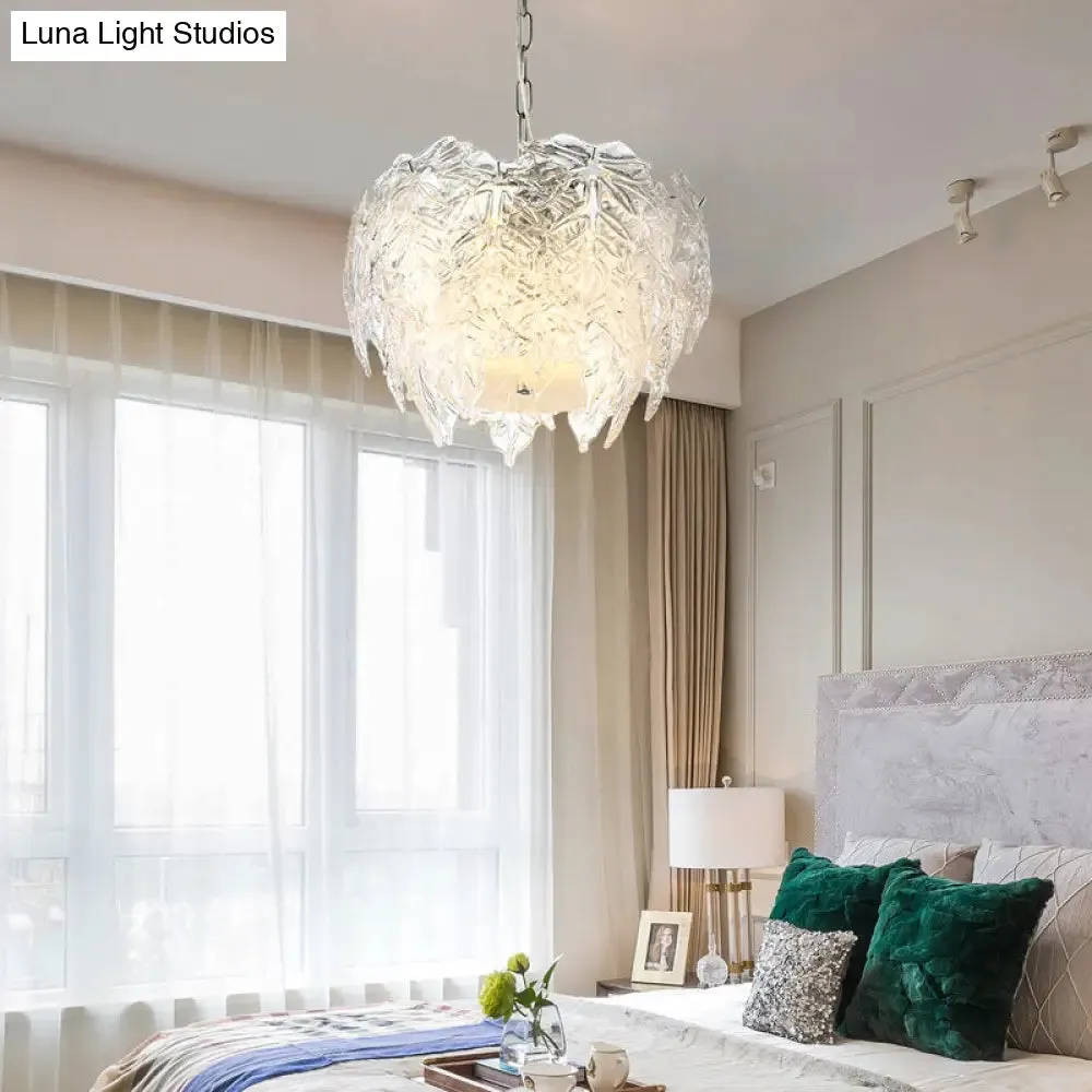 Modern Clear Textured Glass Leaf Pendant Chandelier - 10 Head Bedroom Suspension Lighting