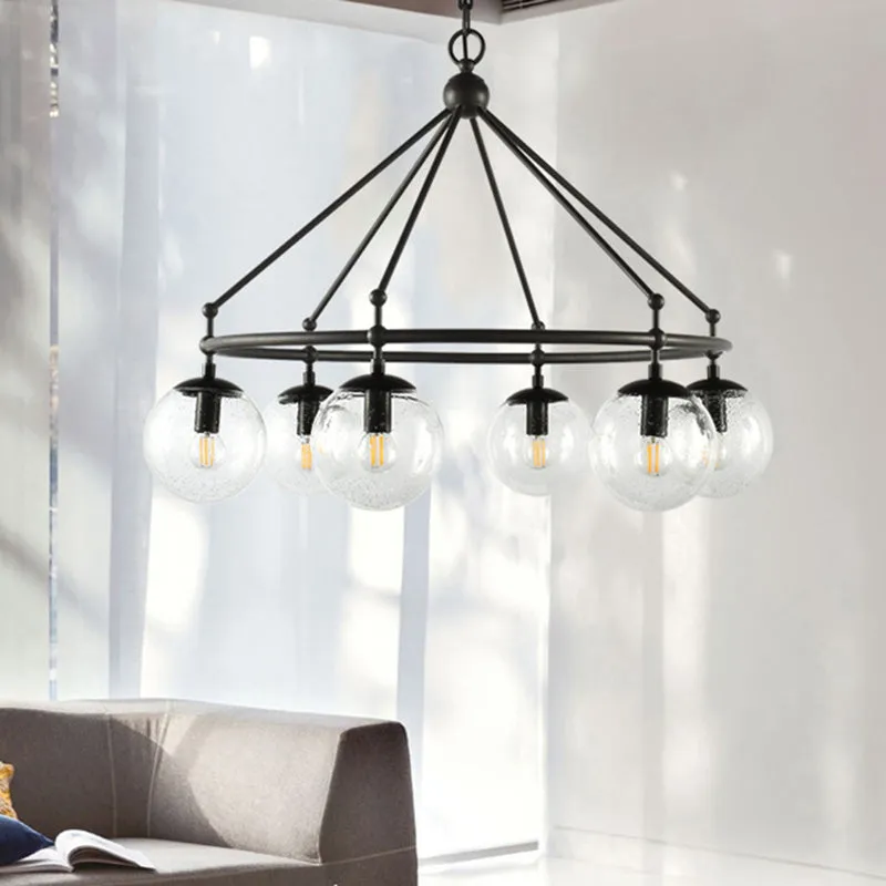 Modern Frosted Glass Sphere Chandelier with Black Multi Light Kit and Circle Ring Design