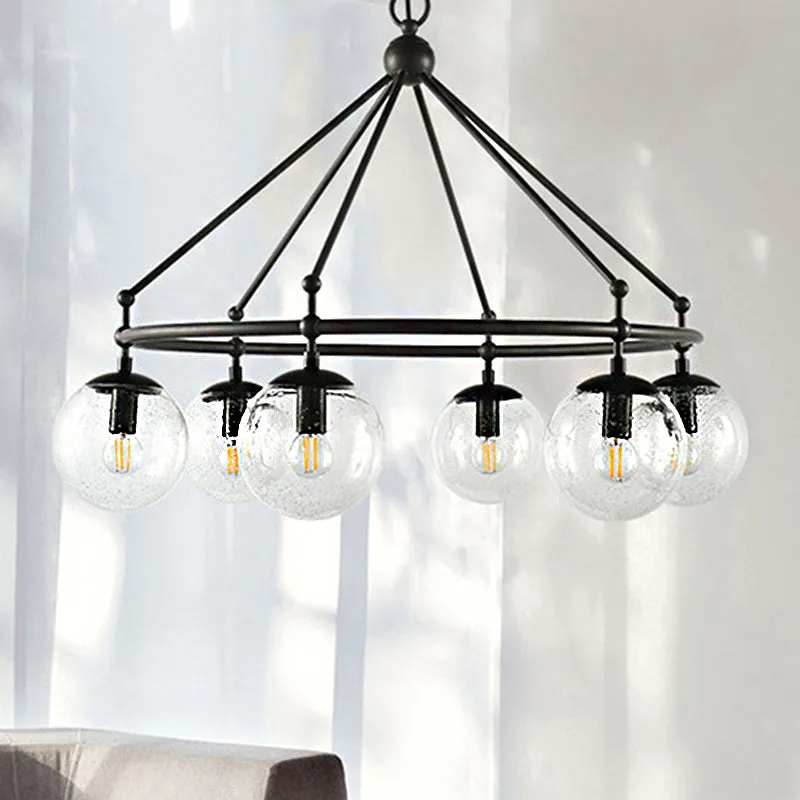 Modern Frosted Glass Sphere Chandelier with Black Multi Light Kit and Circle Ring Design