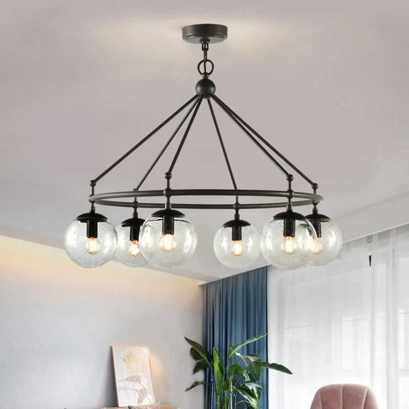 Modern Frosted Glass Sphere Chandelier with Black Multi Light Kit and Circle Ring Design