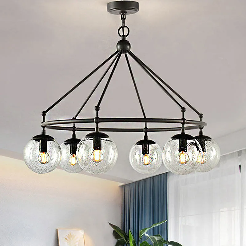 Modern Frosted Glass Sphere Chandelier with Black Multi Light Kit and Circle Ring Design