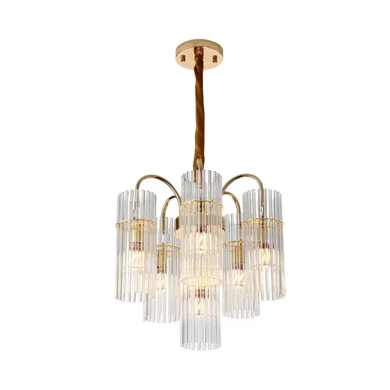 Modern Gold Chandelier with 6-Head Down Lighting, Clear Glass Bar Shade - Bedroom Fixture
