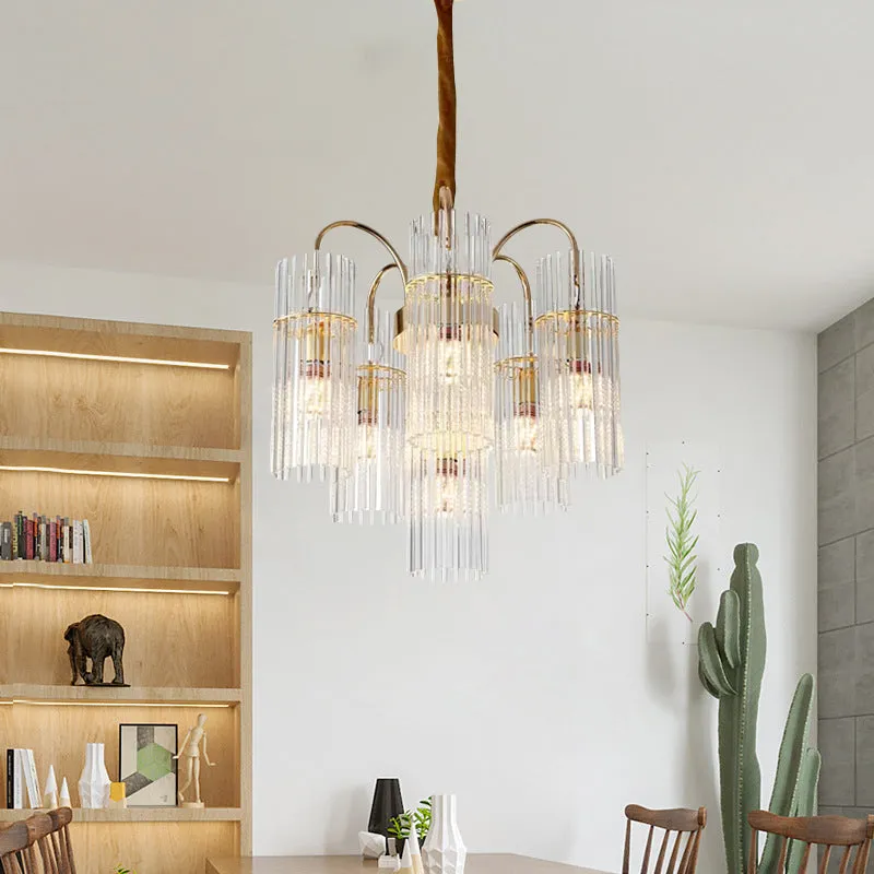 Modern Gold Chandelier with 6-Head Down Lighting, Clear Glass Bar Shade - Bedroom Fixture