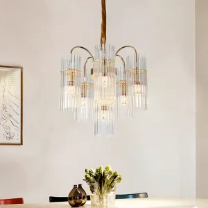 Modern Gold Chandelier with 6-Head Down Lighting, Clear Glass Bar Shade - Bedroom Fixture