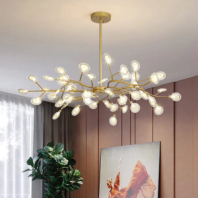 Modern Gold Chandelier with Branch Arm: Multi-Light Metal Pendant