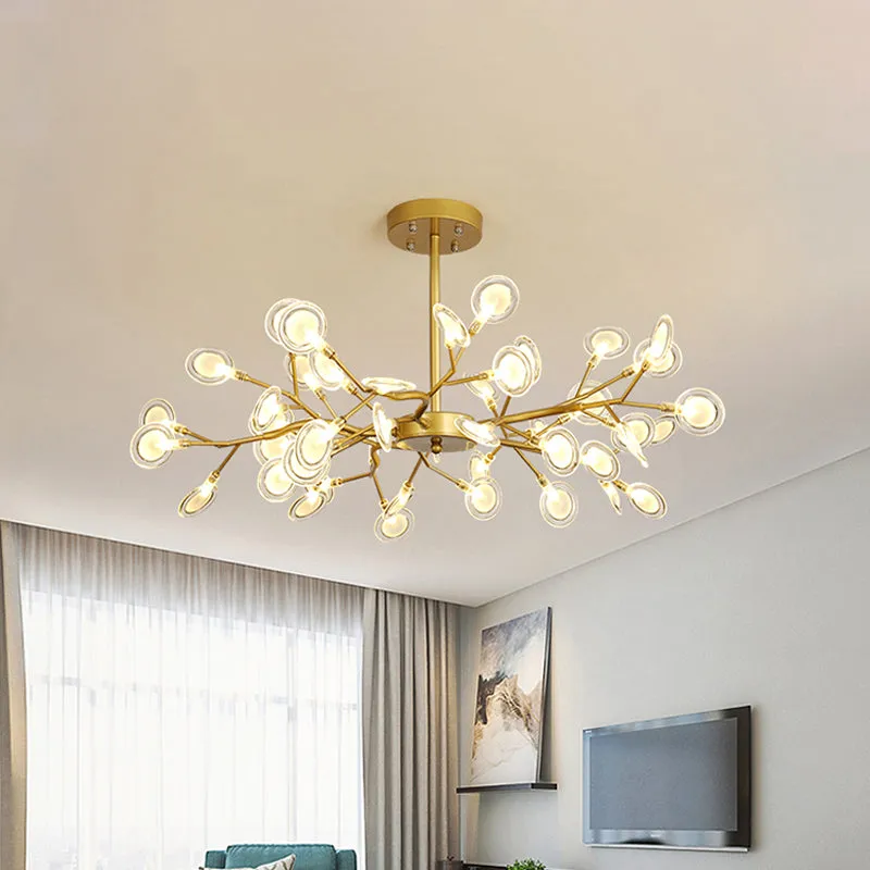 Modern Gold Chandelier with Branch Arm: Multi-Light Metal Pendant