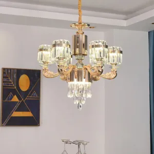 Modern Gold Crystal Chandelier - 6/8 Cylinder Lights - Pendant Lamp for Table and Ceiling
