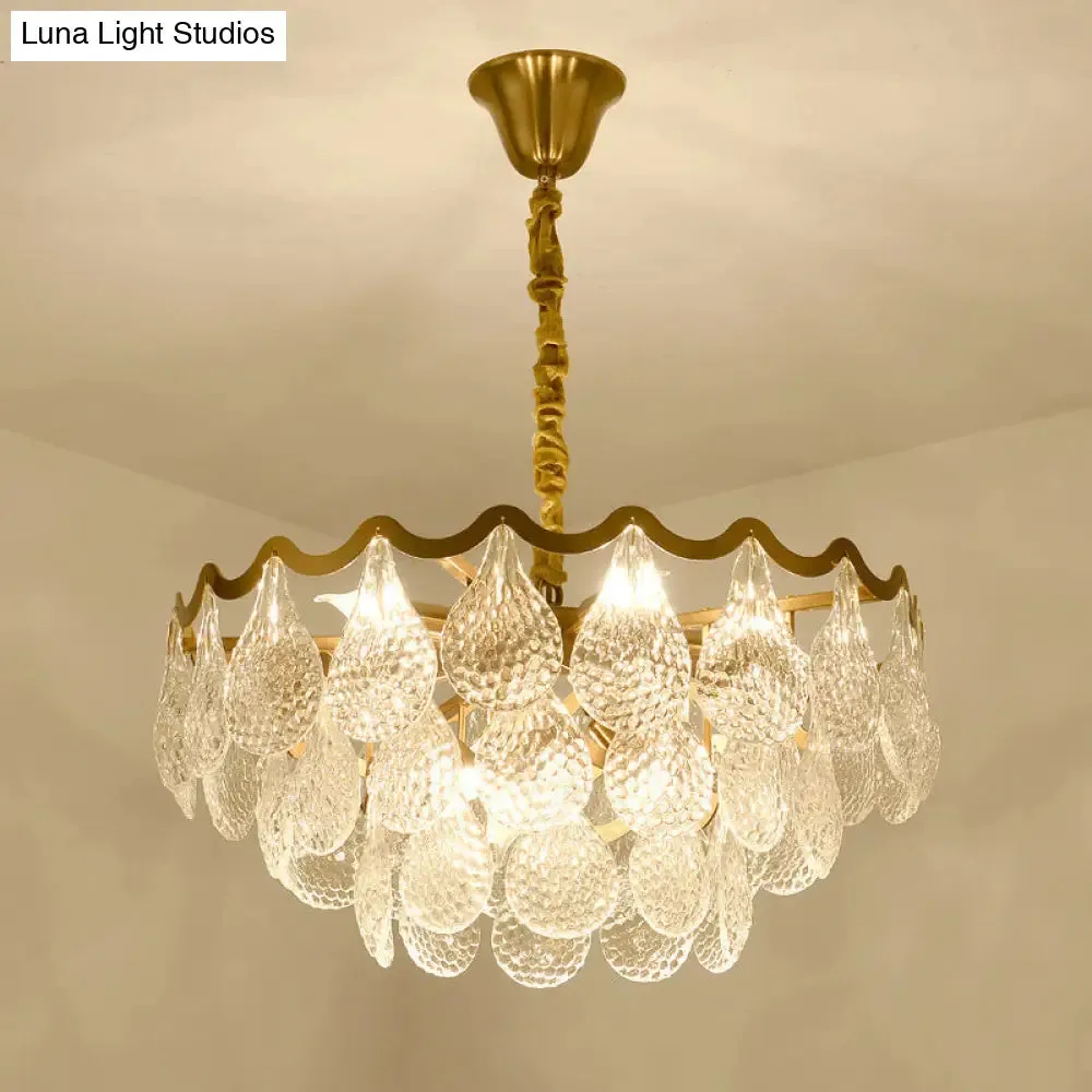 Postmodern Tiered Crystal Chandelier with 8 Bulbs - Clear K9, Brass Suspension Light for the Bedroom