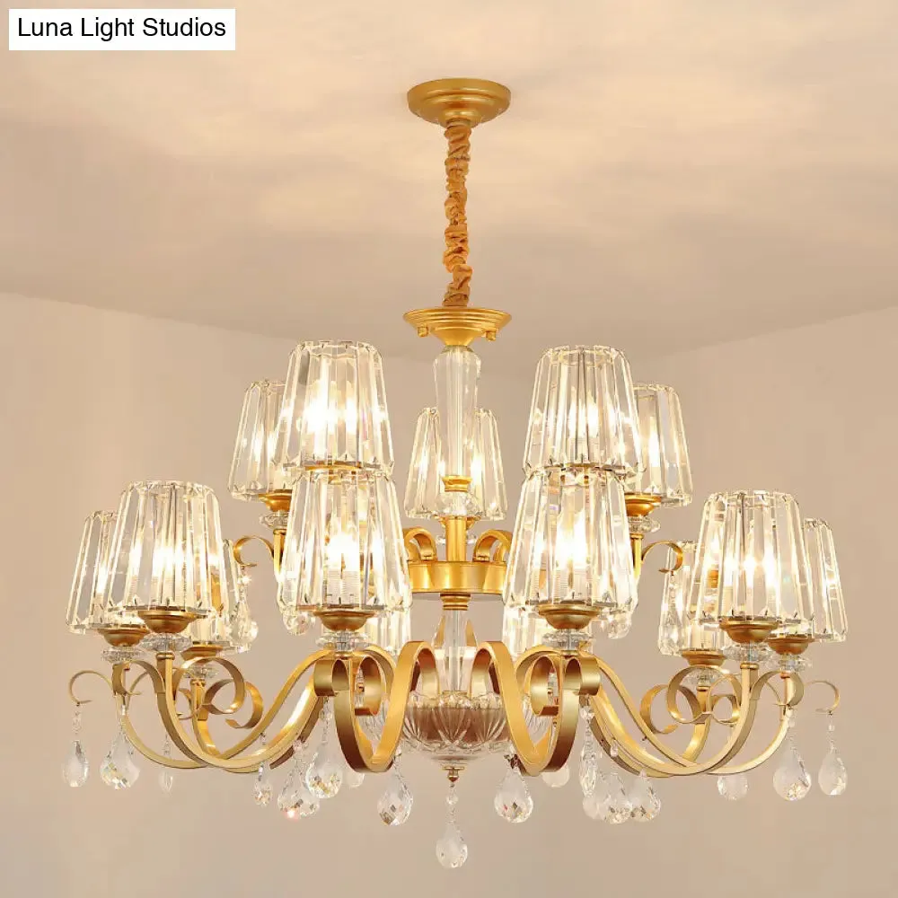 Simplicity Gold Tapered Crystal Hanging Light Kit - Elegant Ceiling Chandelier with Scrolled Arm