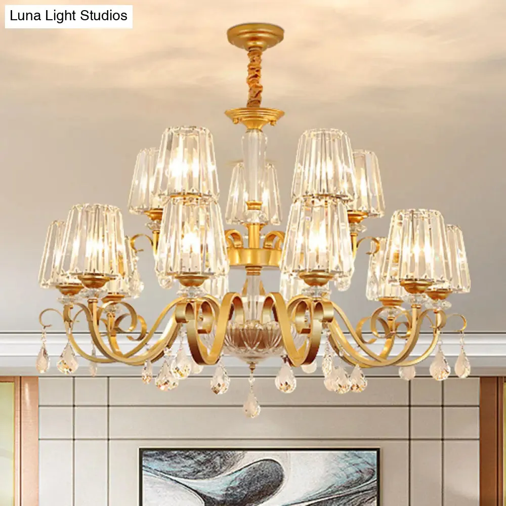Simplicity Gold Tapered Crystal Hanging Light Kit - Elegant Ceiling Chandelier with Scrolled Arm