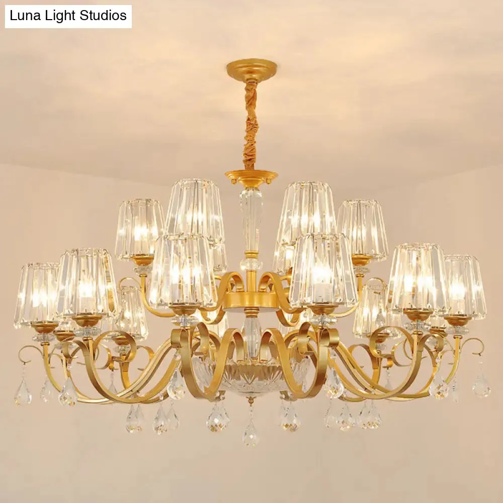 Simplicity Gold Tapered Crystal Hanging Light Kit - Elegant Ceiling Chandelier with Scrolled Arm
