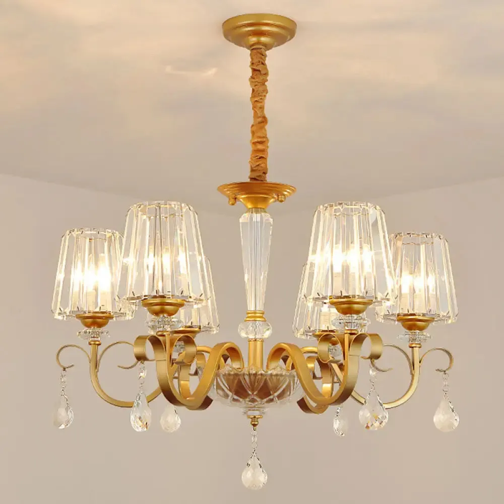 Simplicity Gold Tapered Crystal Hanging Light Kit - Elegant Ceiling Chandelier with Scrolled Arm