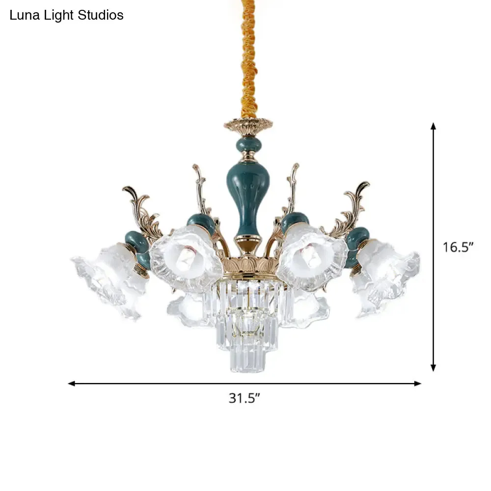 Traditional Blue Floral Crystal Chandelier Suspension Lamp with 6/8 Heads
