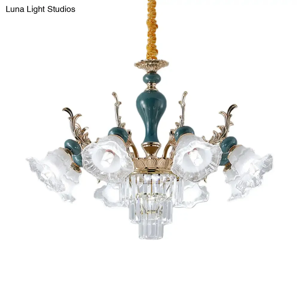 Traditional Blue Floral Crystal Chandelier Suspension Lamp with 6/8 Heads