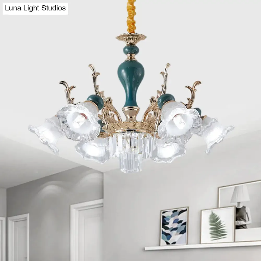 Traditional Blue Floral Crystal Chandelier Suspension Lamp with 6/8 Heads