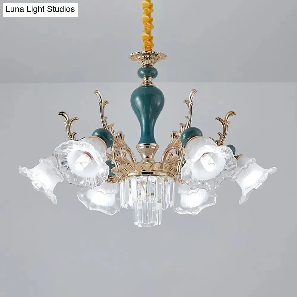 Traditional Blue Floral Crystal Chandelier Suspension Lamp with 6/8 Heads