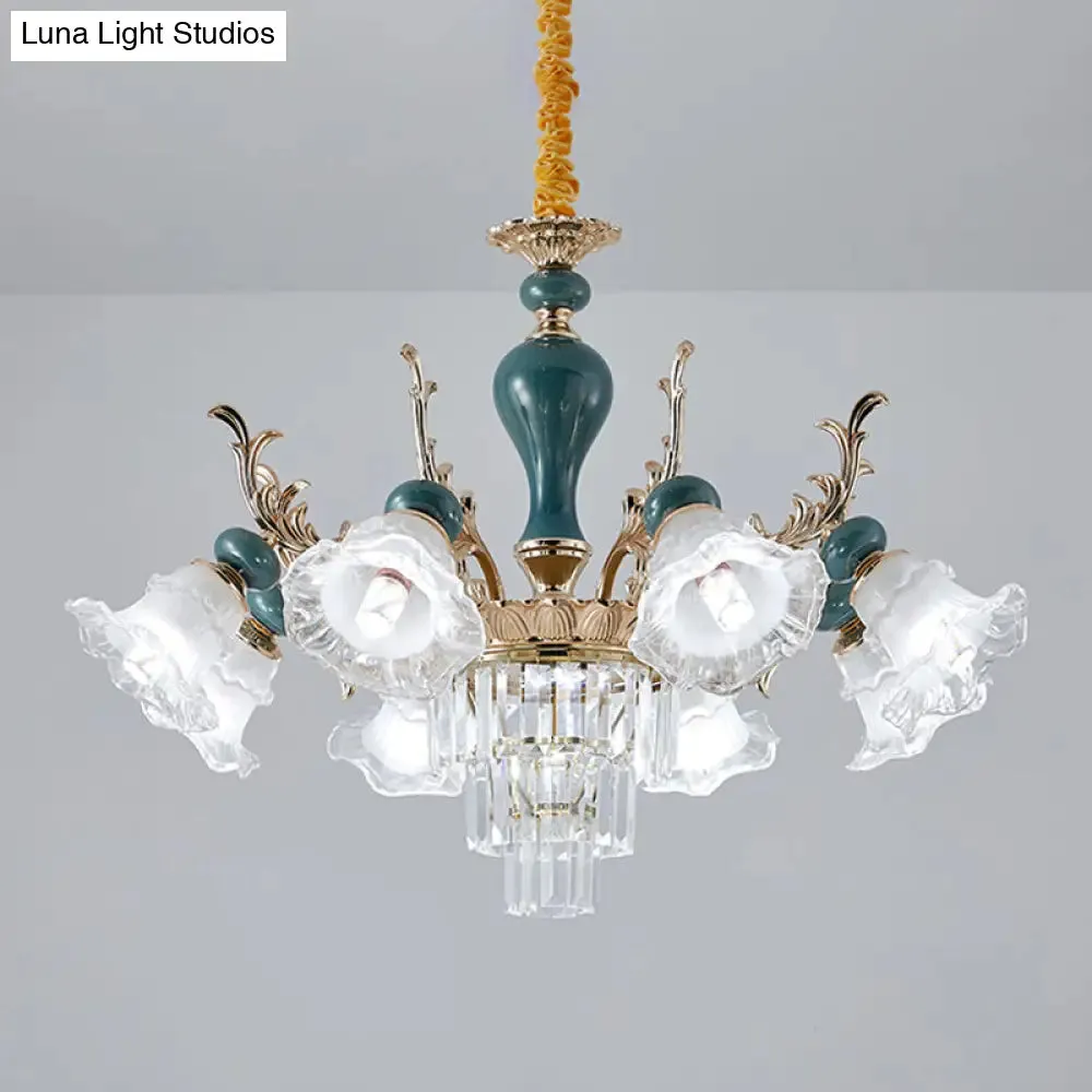 Traditional Blue Floral Crystal Chandelier Suspension Lamp with 6/8 Heads