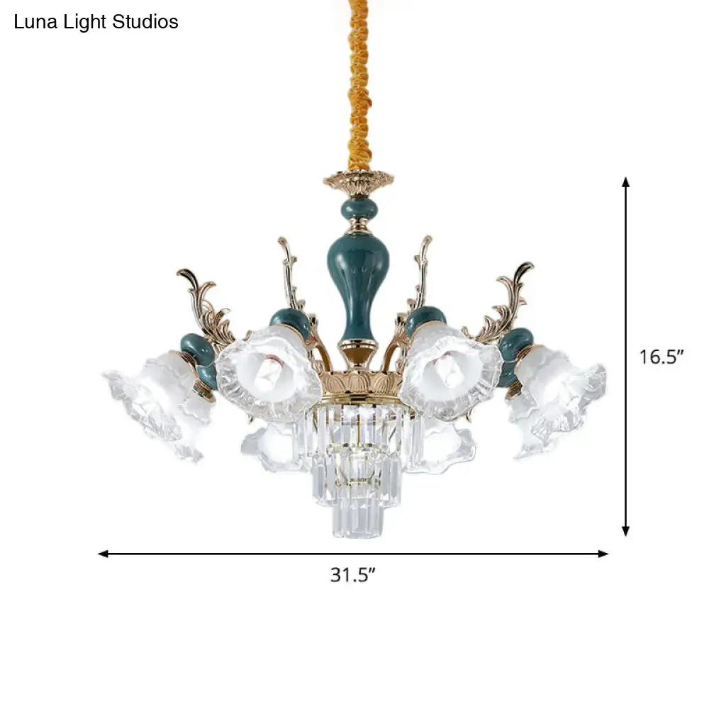 Traditional Blue Floral Crystal Chandelier Suspension Lamp with 6/8 Heads