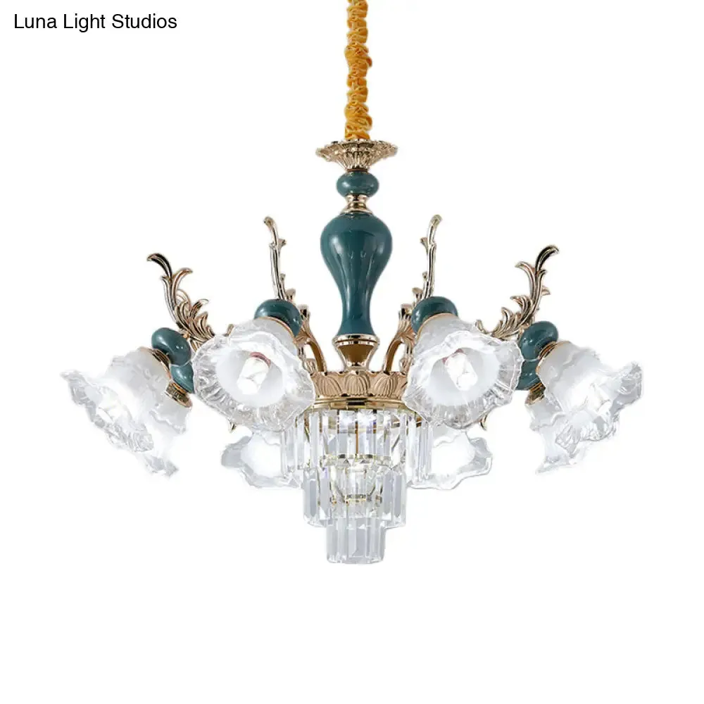 Traditional Blue Floral Crystal Chandelier Suspension Lamp with 6/8 Heads