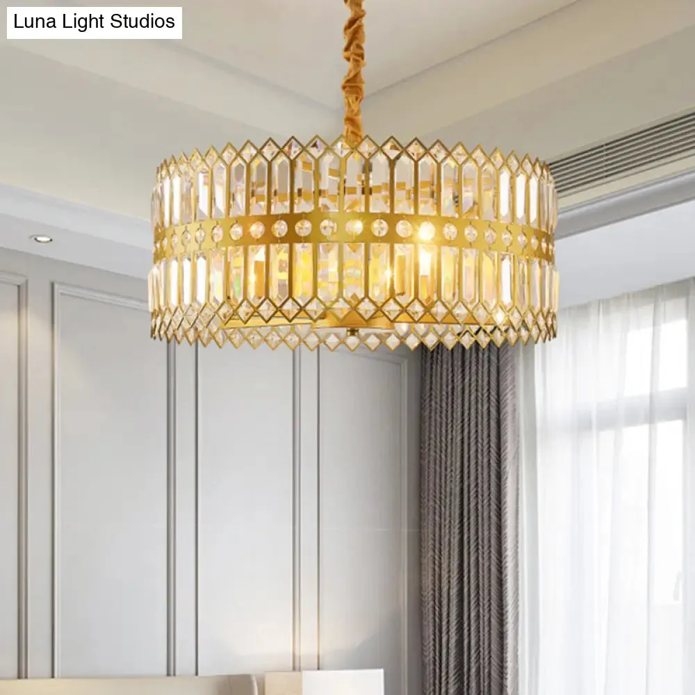 Traditional Gold Crystal Chandelier Pendant Light - 3/4 Lights Drum Hanging Lamp