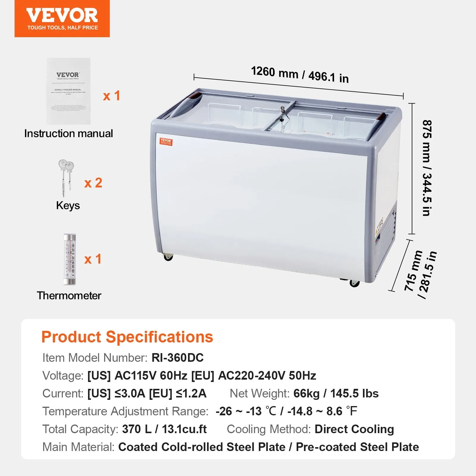 Vevor Ice Cream Display Commercial Freezer 13.1 Cu. Ft. Holds 8 Tubs with Sliding Glass Doors New