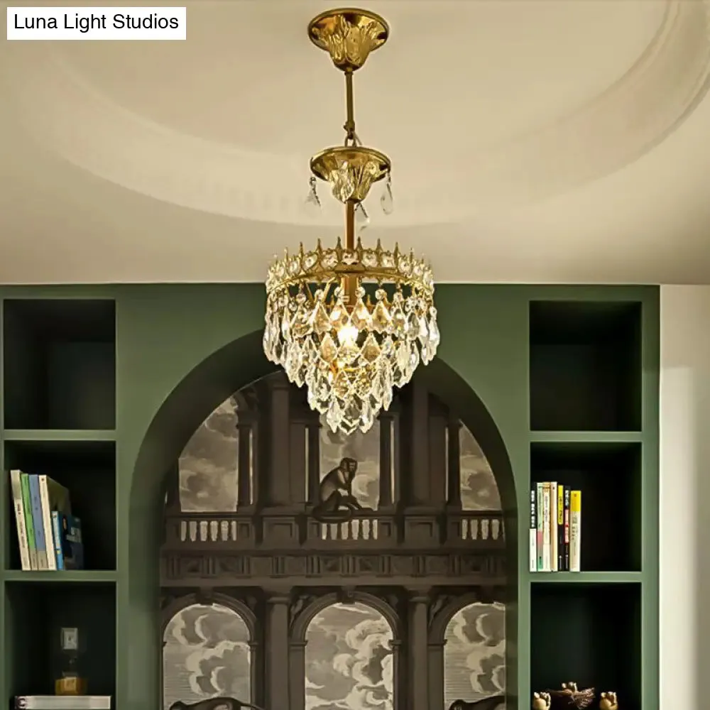 Victorian Clear Teardrop Crystal Chandelier for Living Room - Crown Shaped Hanging Lamp