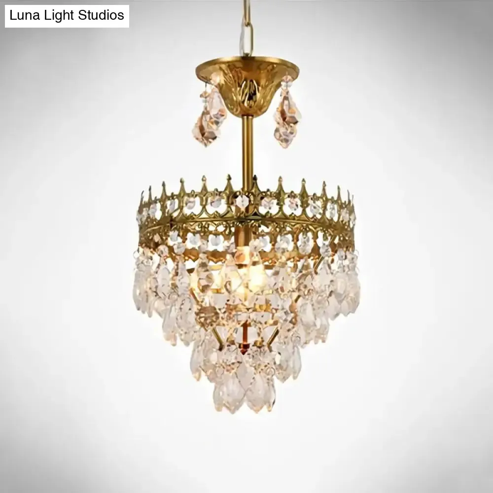 Victorian Clear Teardrop Crystal Chandelier for Living Room - Crown Shaped Hanging Lamp