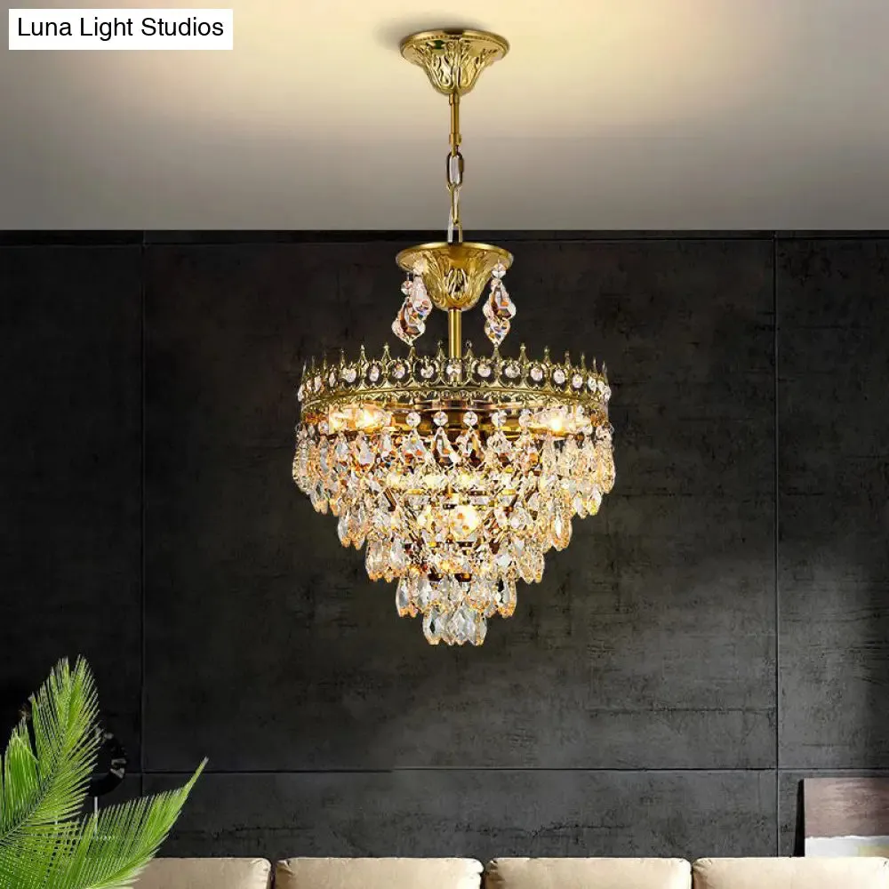 Victorian Clear Teardrop Crystal Chandelier for Living Room - Crown Shaped Hanging Lamp