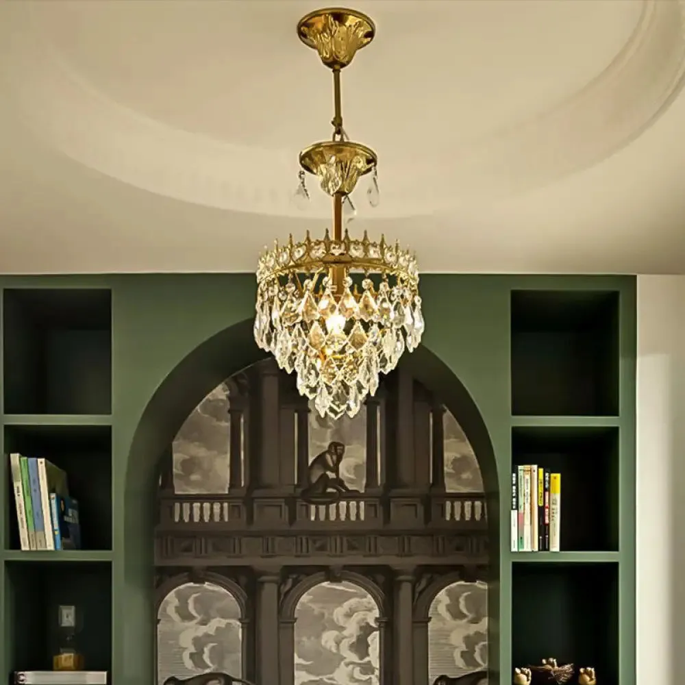 Victorian Clear Teardrop Crystal Chandelier for Living Room - Crown Shaped Hanging Lamp
