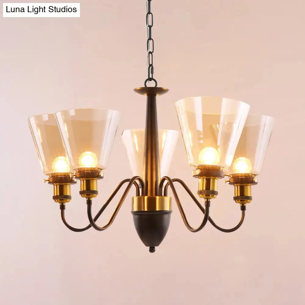 Vintage Black & Gold Chandelier Lamp: 3/5 Bulbs, Clear Glass Pendulum
