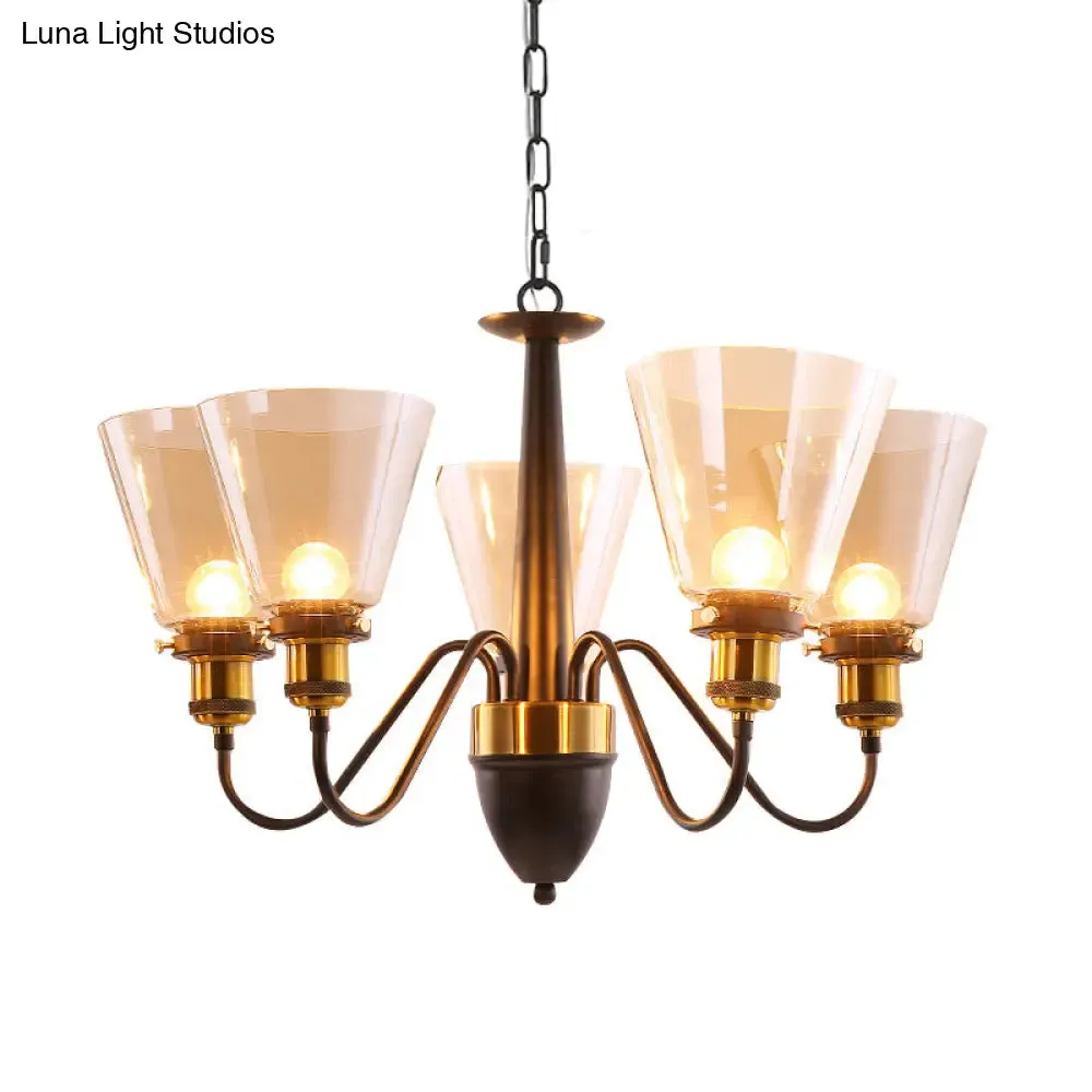 Vintage Black & Gold Chandelier Lamp: 3/5 Bulbs, Clear Glass Pendulum