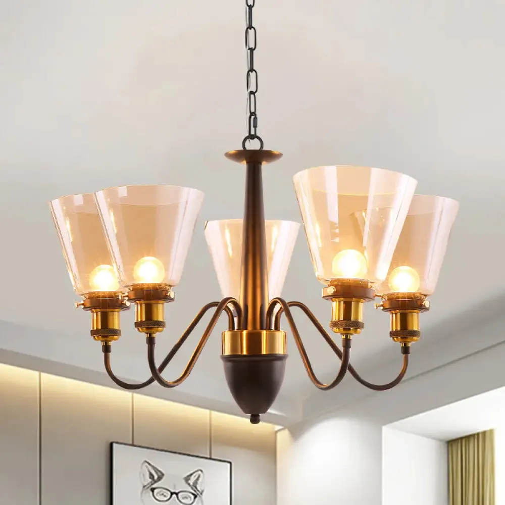 Vintage Black & Gold Chandelier Lamp: 3/5 Bulbs, Clear Glass Pendulum