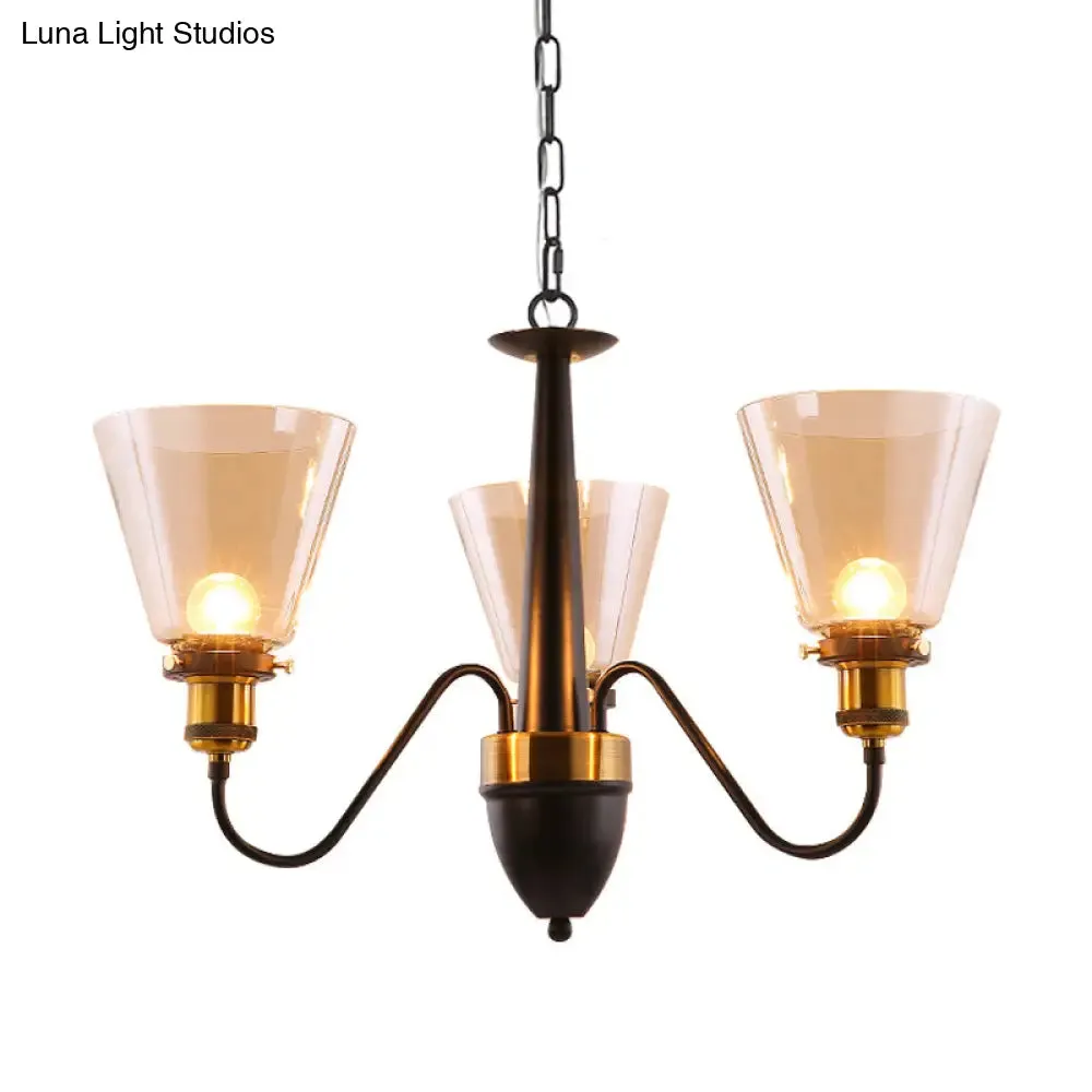 Vintage Black & Gold Chandelier Lamp: 3/5 Bulbs, Clear Glass Pendulum