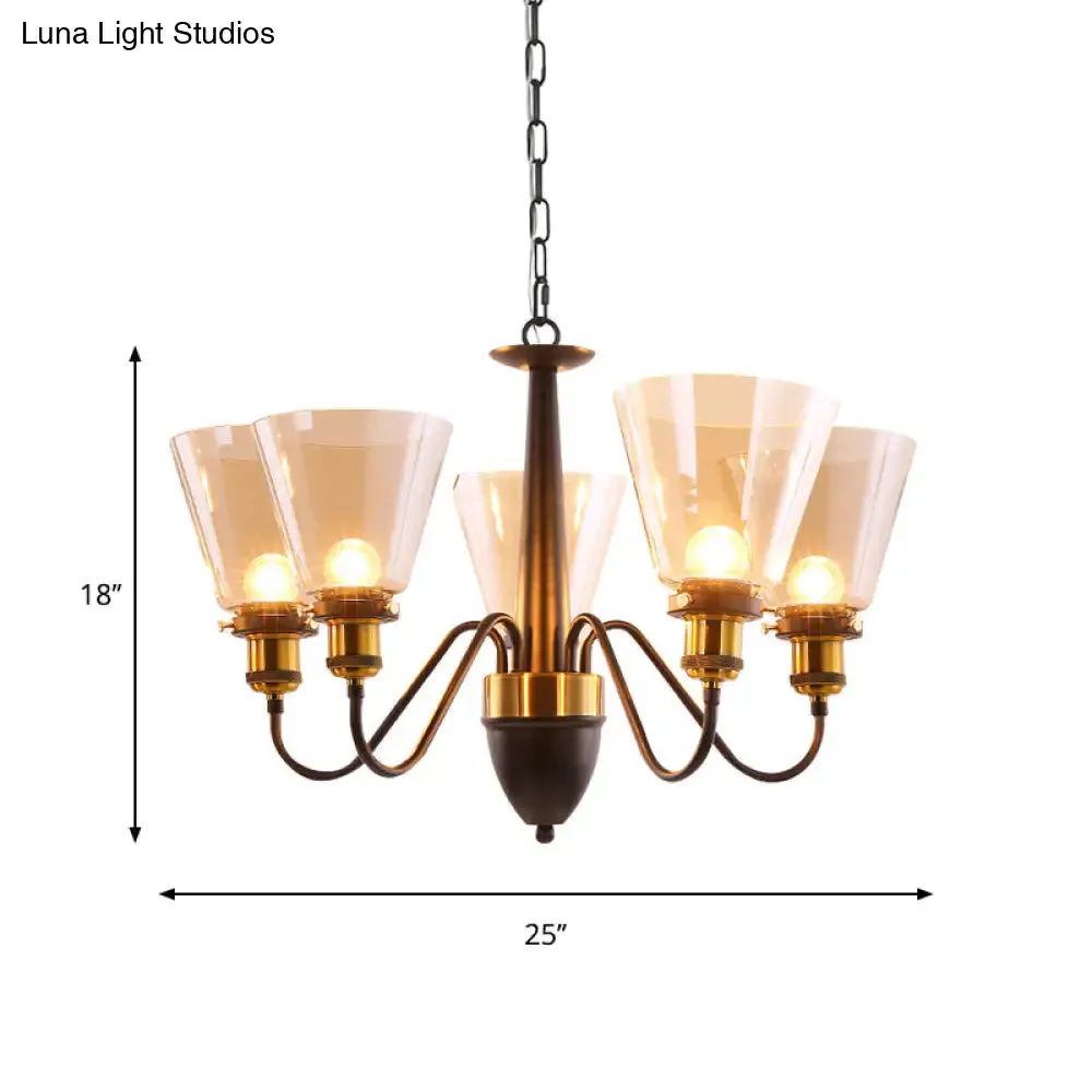 Vintage Black & Gold Chandelier Lamp: 3/5 Bulbs, Clear Glass Pendulum