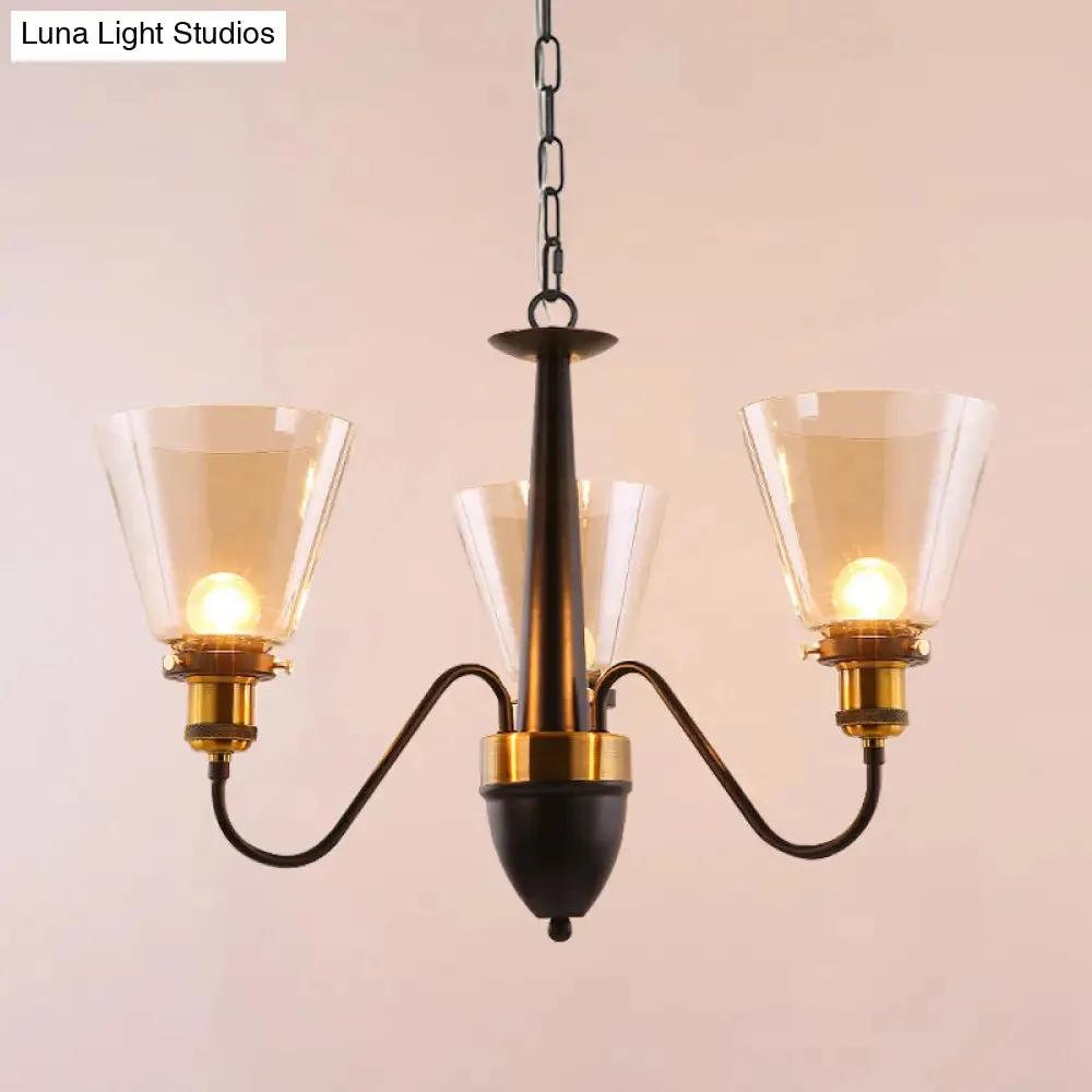 Vintage Black & Gold Chandelier Lamp: 3/5 Bulbs, Clear Glass Pendulum