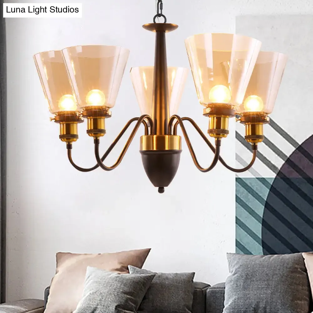 Vintage Black & Gold Chandelier Lamp: 3/5 Bulbs, Clear Glass Pendulum