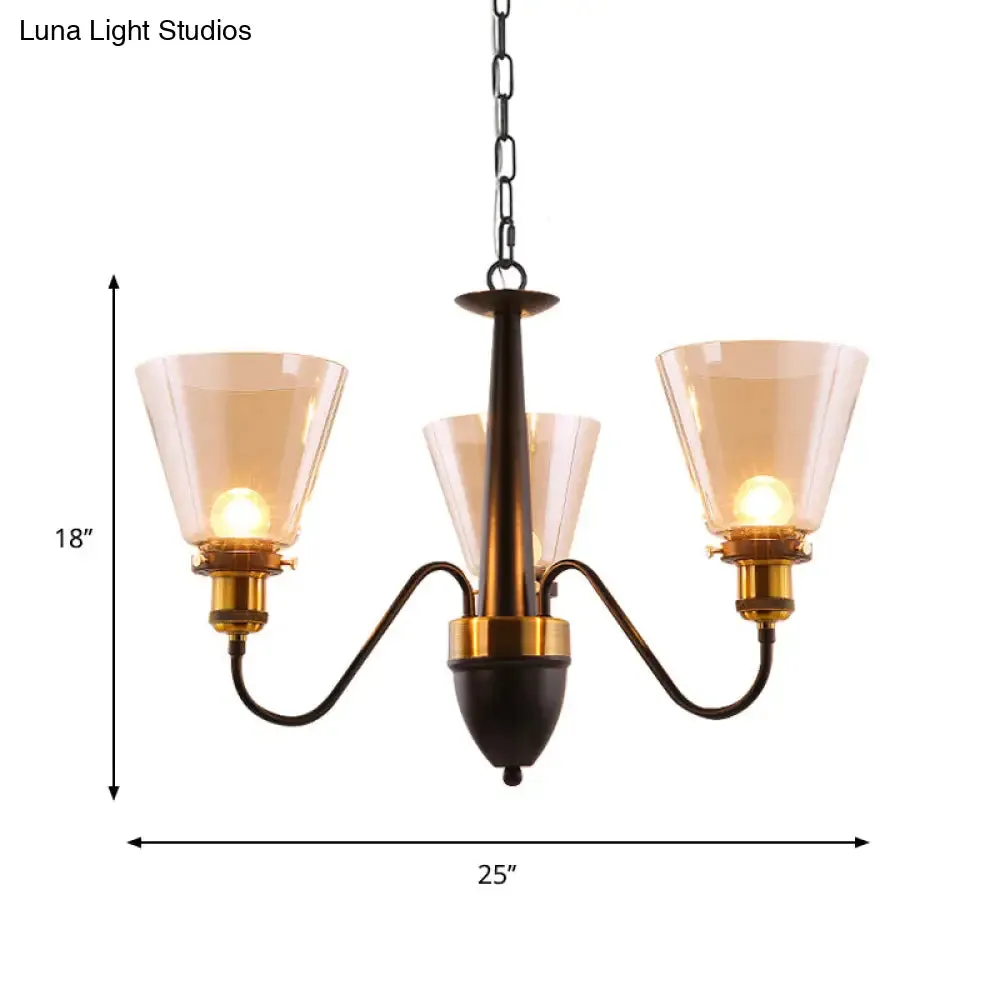 Vintage Black & Gold Chandelier Lamp: 3/5 Bulbs, Clear Glass Pendulum