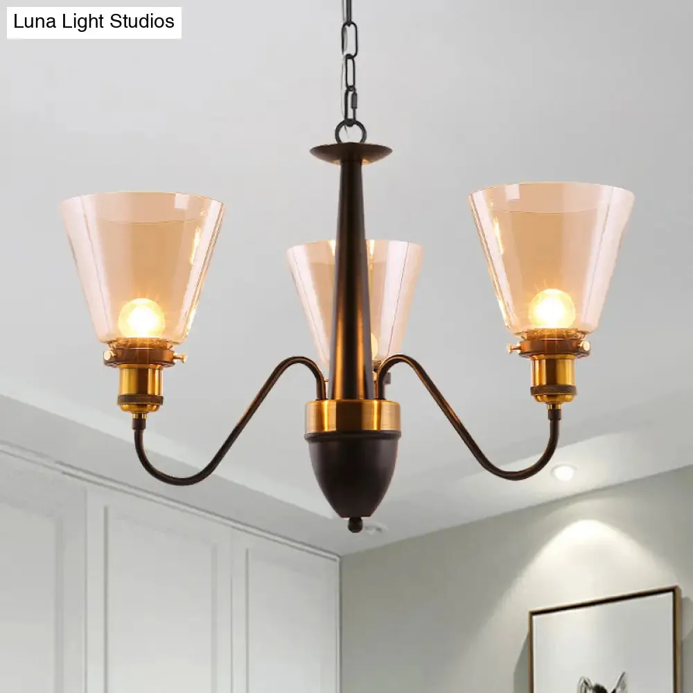 Vintage Black & Gold Chandelier Lamp: 3/5 Bulbs, Clear Glass Pendulum